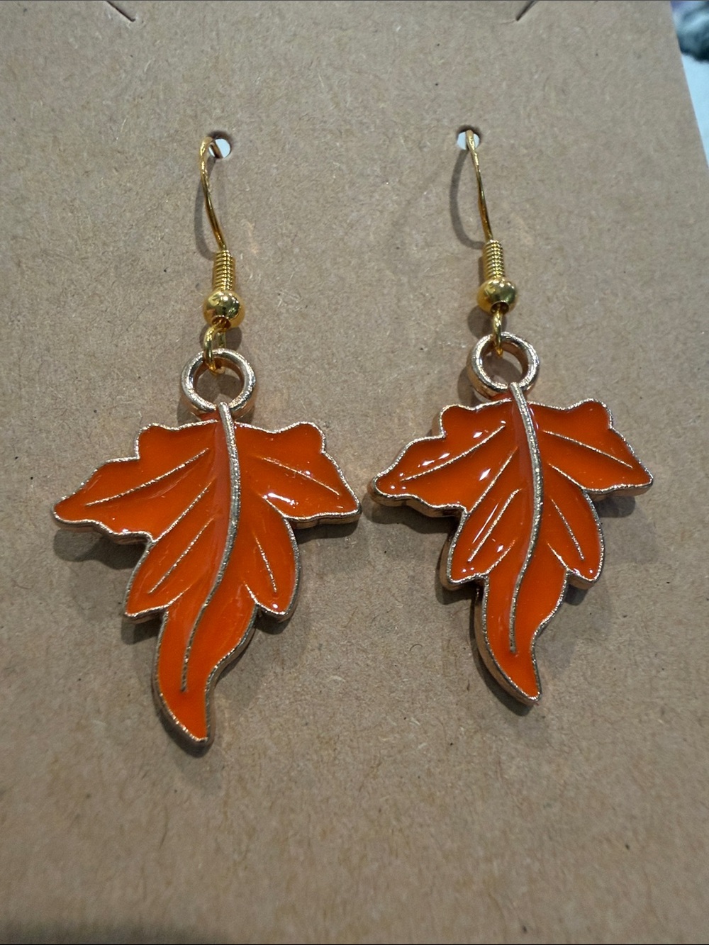 Gold-Tone Orange Enamel Leaf Drop Earrings - Women Jewelry